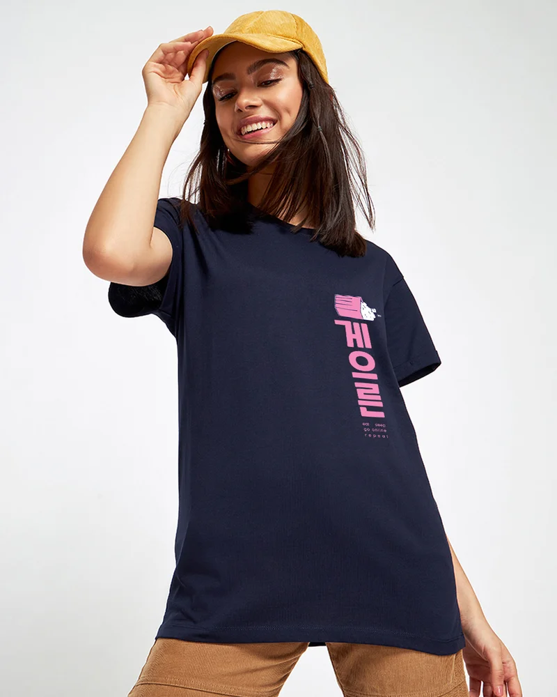 bewakoof Women's Blue Serial Chiller Graphic Printed Boyfriend T-shirt